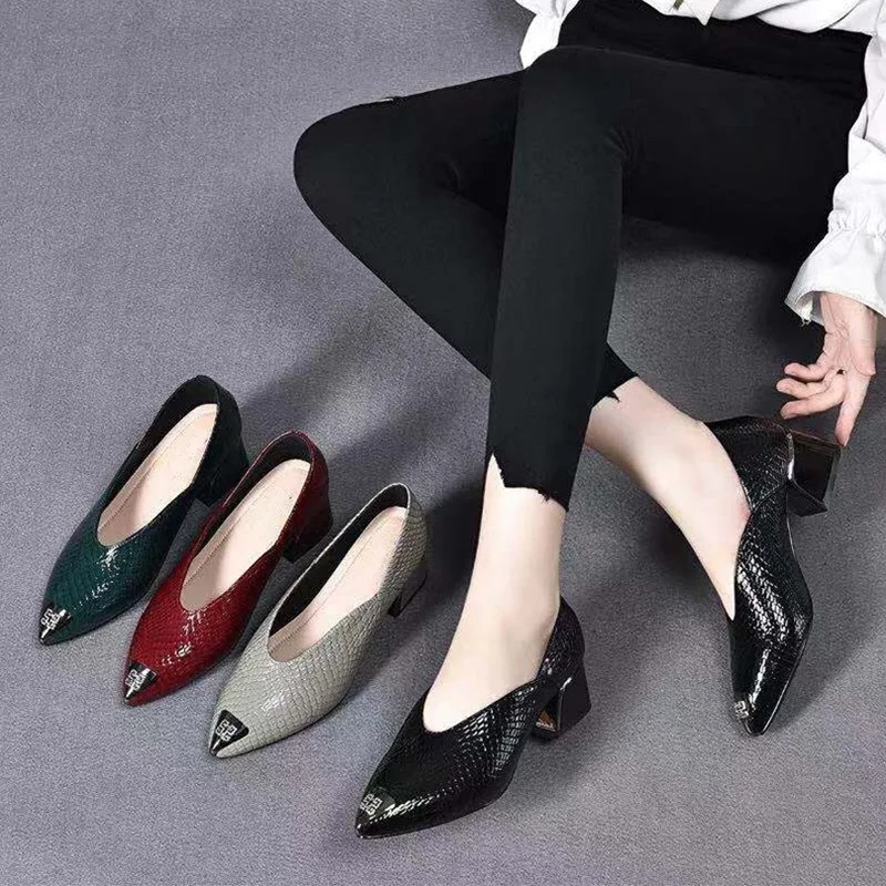 Thick Heel Shoes Women Casual Pumps Genuine Leather Lady Slip On Heels Shoes 2022 Autumn New