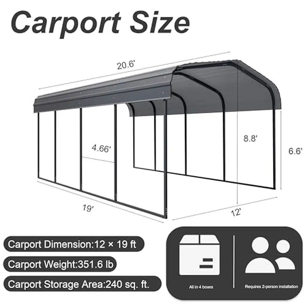 Heavy Duty 12x20 FT Carport Kit Metal Garage Canopy Galvanized Steel Roof Frame & Anchors Waterproof Design Cars Boats Outdoor