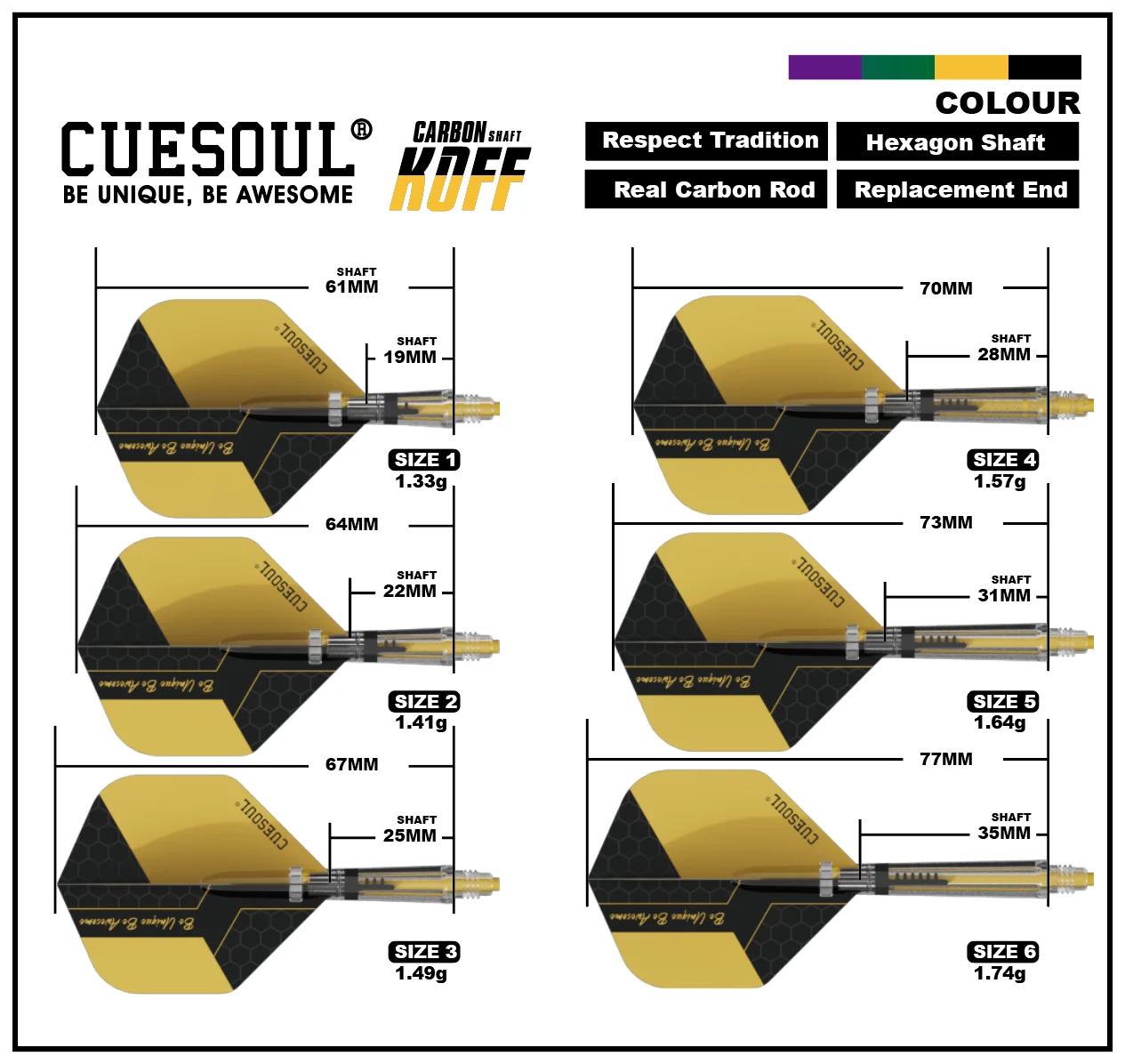CUESOUL KOFF Carbon Dart Shaft with Replacement Shaft End,Big Standard Shape Flights