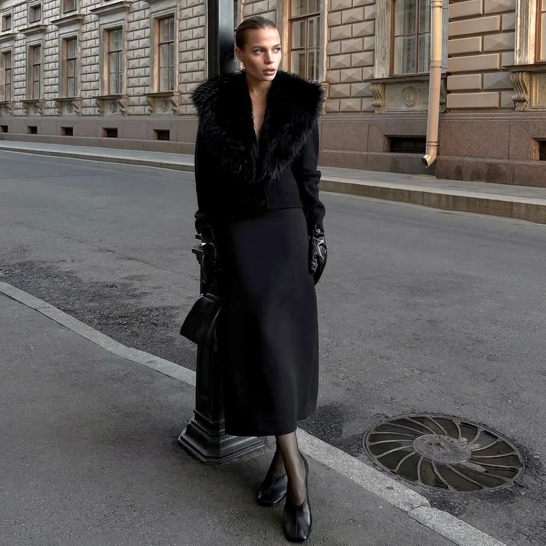 เสื้อโค้ทขนเฟอร์เทียมทรงวี คอปก แขนยาว ทรงเข้ารูป อุ่นสบาย แฟชั่นฤดูหนาว สไตล์ไฮสตรีท สำหรับผู้หญิง