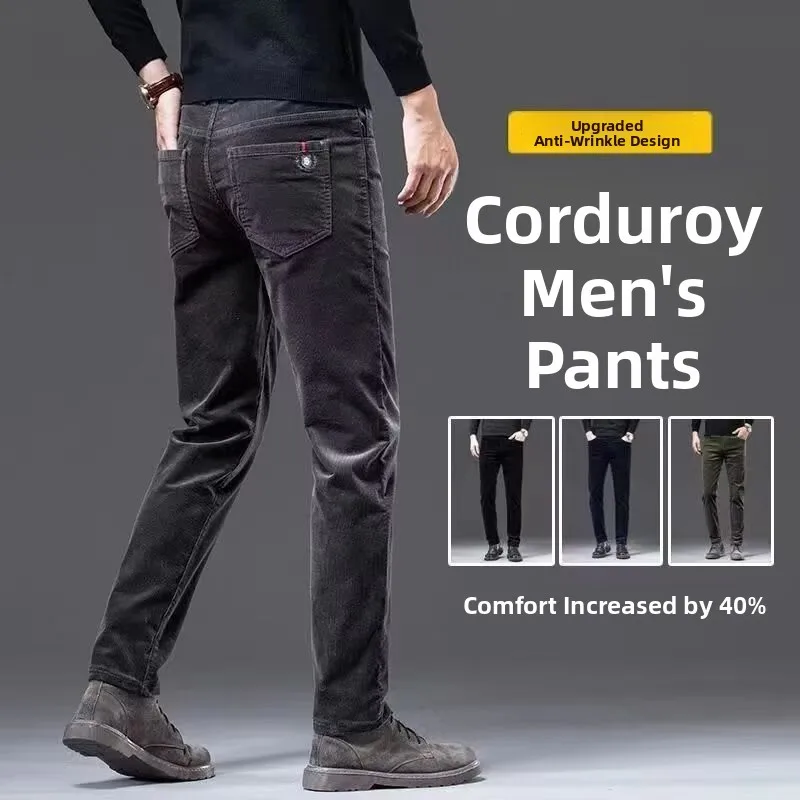 

Loose Fit Men's Corduroy Straight Leg Casual Pants mid Waist Zipper Closure Busin Casual Sle Autumn Wear Polyester Fiber