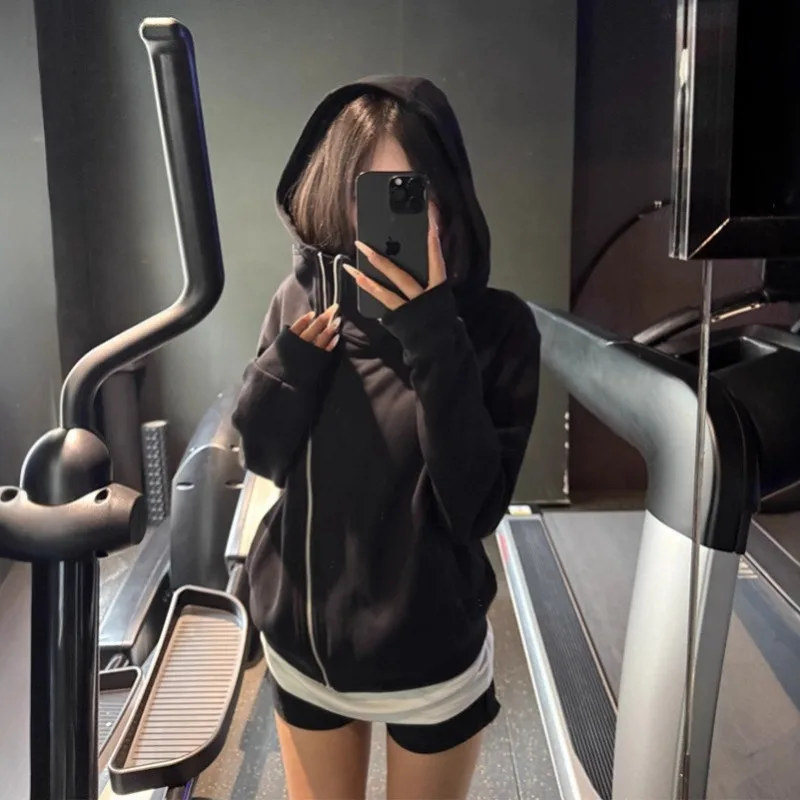 

Retro American Zipper Hooded Solid Sweatshirt Autumn Winter Slimming Outerwear Top Korean Style Zip Up Hoodie Female Sweatshirt