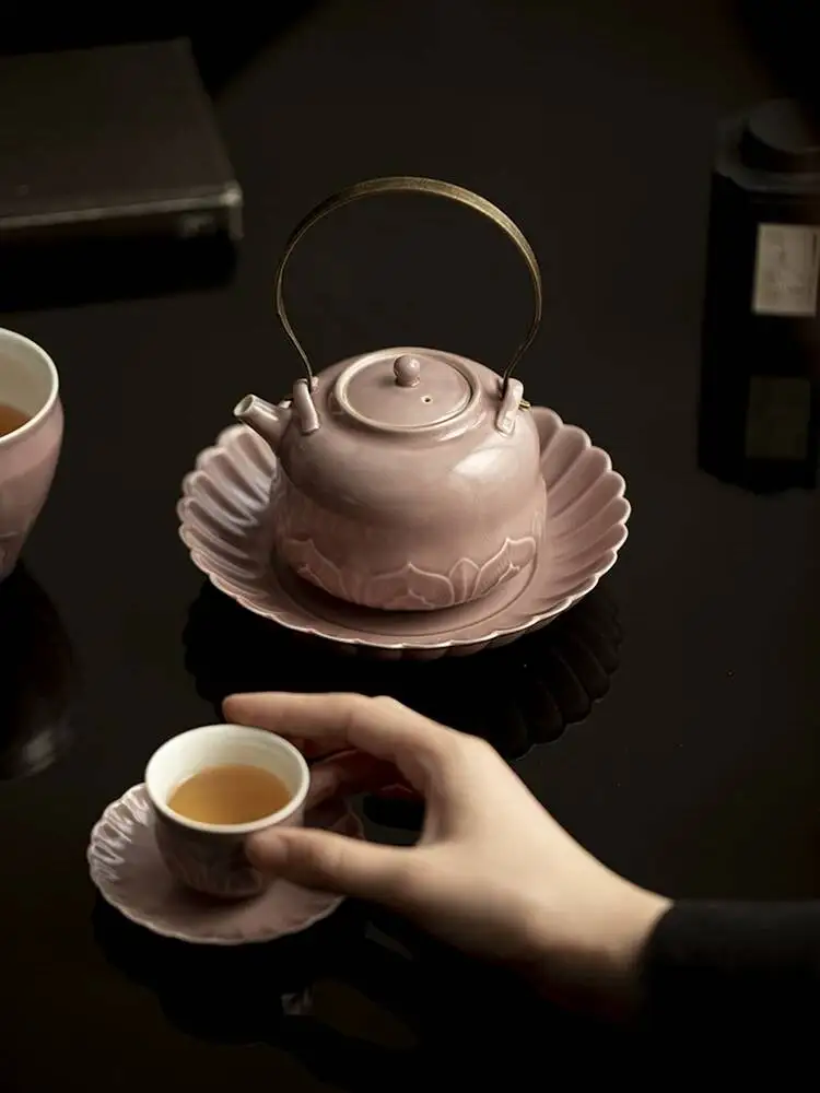 Wuyintang purple Red Ru Glaze Lotus Petal Handle Teapot For Home Use Vintage Brewing Pot Ceramic Ware Kung Fu Tea Set