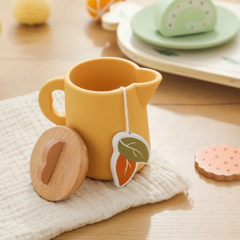 Baby Holz Montessori Spielzeug Silikon Tassen Holz teller Tabletts Dessert Modell spielen Haus Nachmittags tee Set Kinder Puzzle Spielzeug Geschenk – Detail 12