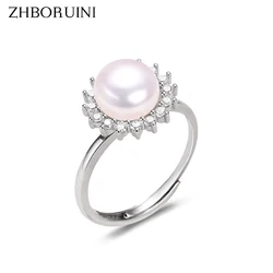 ZHBORUINI Round Pearl Ring 100% Real Natural Pearl 925 Sterling Silver AAA Zircon Sun Shine Ring Female Wedding Jewelry Gift