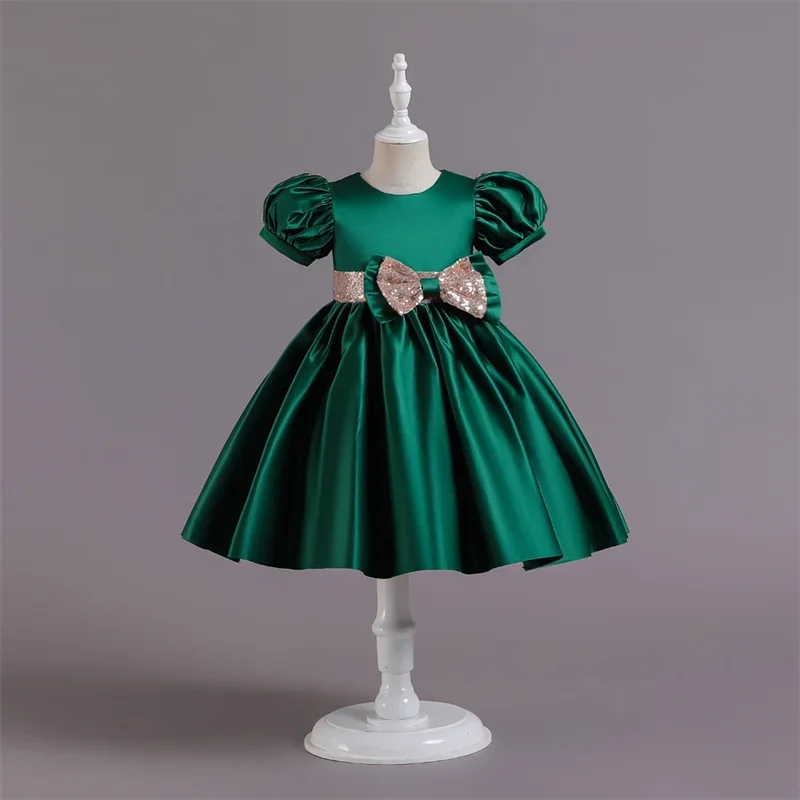 Vestido de cetim feminino com bowknot, roupas de princesa, vestido formal para casamento e festa de aniversário, vestido de tule infantil