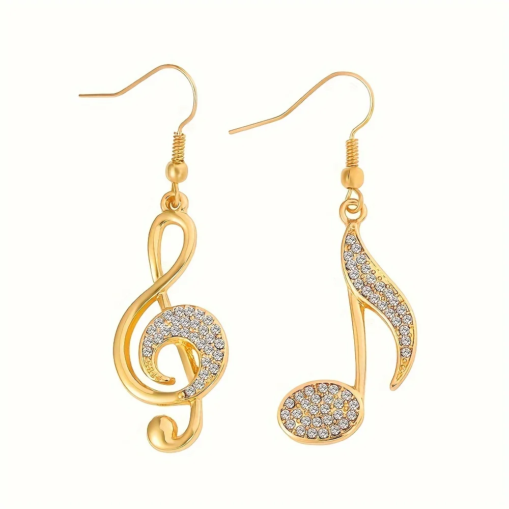 Pendientes colgantes con incrustaciones de diamantes de imitación brillantes, exquisito diseño de símbolo de música dorada, elegante, estilo Simple,