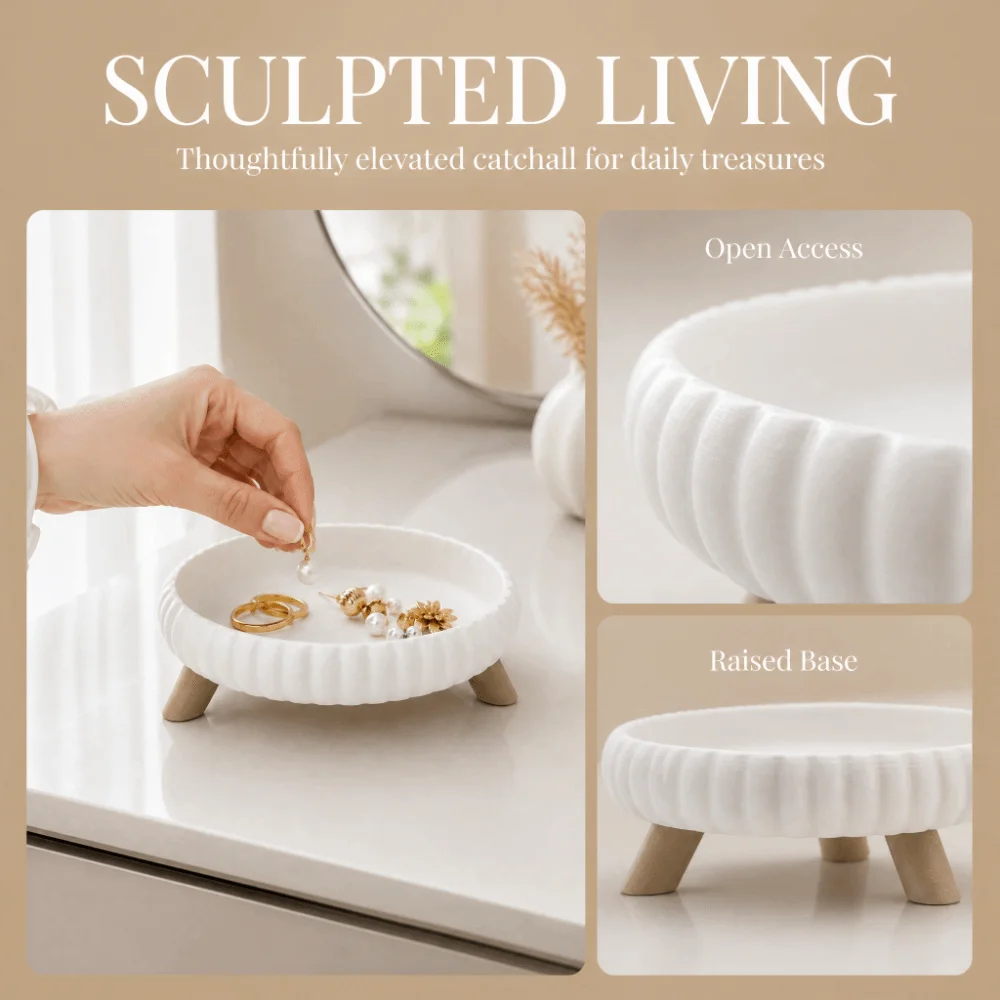 3D-Printed Three-Legged Storage Tray Artistic Minimalist Style Sundries Storage Dish Round Rippled Key Trinket Jewelry Tray
