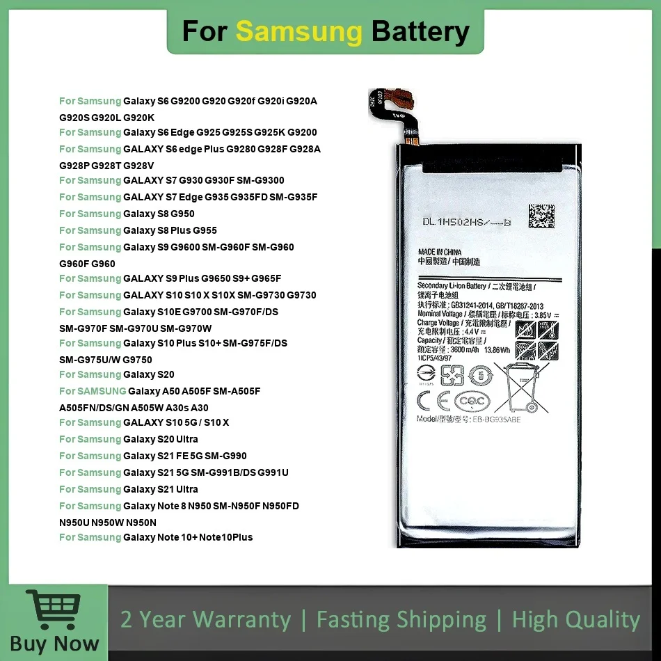 

Battery For Samsung Galaxy S10e S10 S9 S8 Plus Note 10 8 S10X S20 Ultra S21 FE S7 Edge S6 S7e S6e A50 A30 A30S S5 Bateria