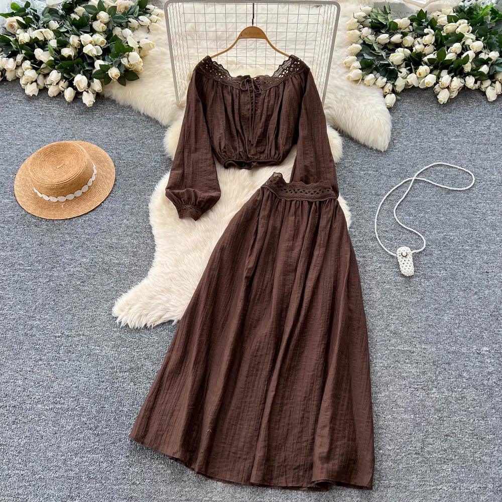 

Chic vintage slash neck long sleeve lace korean fashion autumn winter women clothing dress Two Piece Set