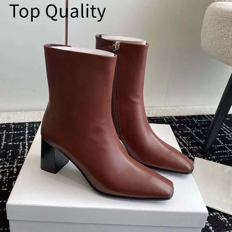 Women's fashionable leather high-heeled short boots with square toe design for slimming sexy elegant and fashionable women's b