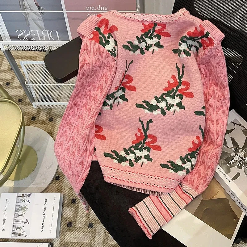 Women New Pink Sweaters Cat Embroidery Beadings Appliques Pullovers Winter Autumn Lady Knitted Ruffles Cute Jumpers Tops NS866