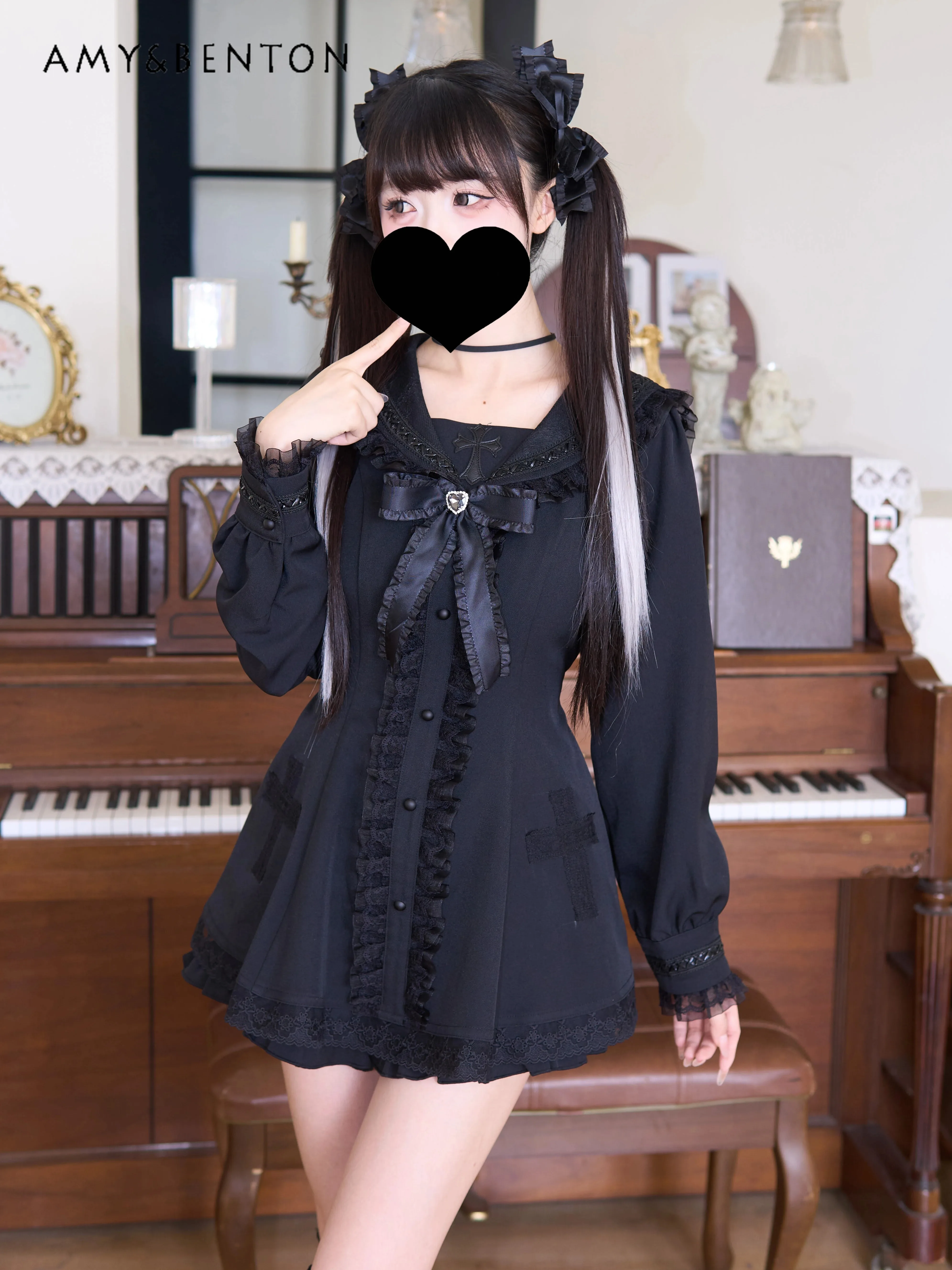 

Japanese Style Gothic Sailor Cross Lolita Dress Sets Subculture Sweet Bow Lace Splicing Long-sleeved Dress Short Two-piece Set