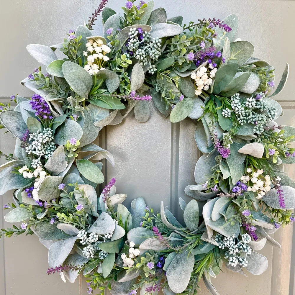 

Весенний венок 2025 года: венок из листьев и кролика, украшение для двери, лавандовый венок, украшение для окна, декор для двери
