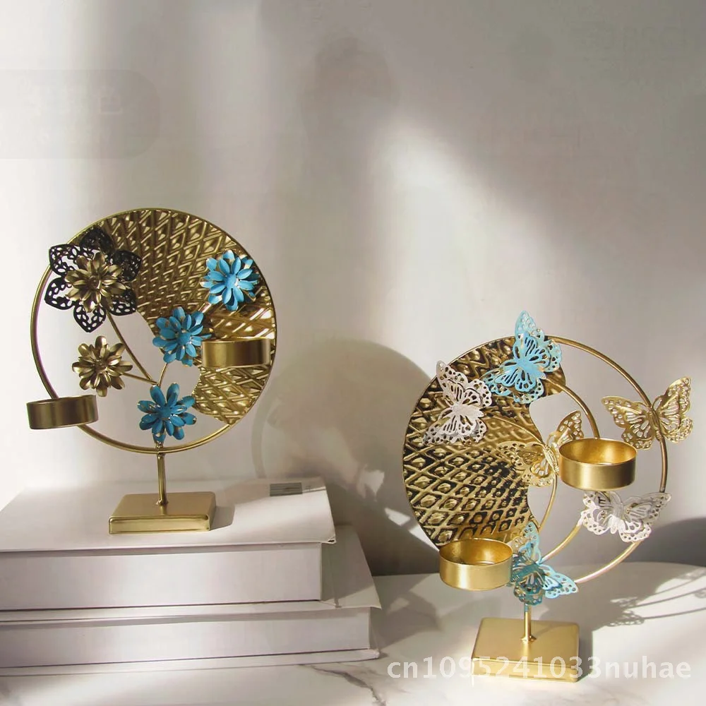 

Iron Metal Candlestick Ornament with Flower & Butterfly Design Creative Hollow Desktop Decoration for Living Room Wine Cabinet