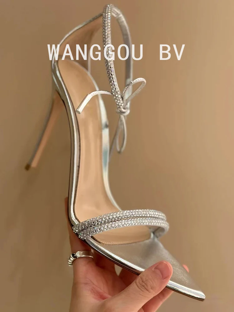 

Sexy high heels for women, new silver pointed thin heel with exposed toes, rhinestone ankle strap, straight strap sandals