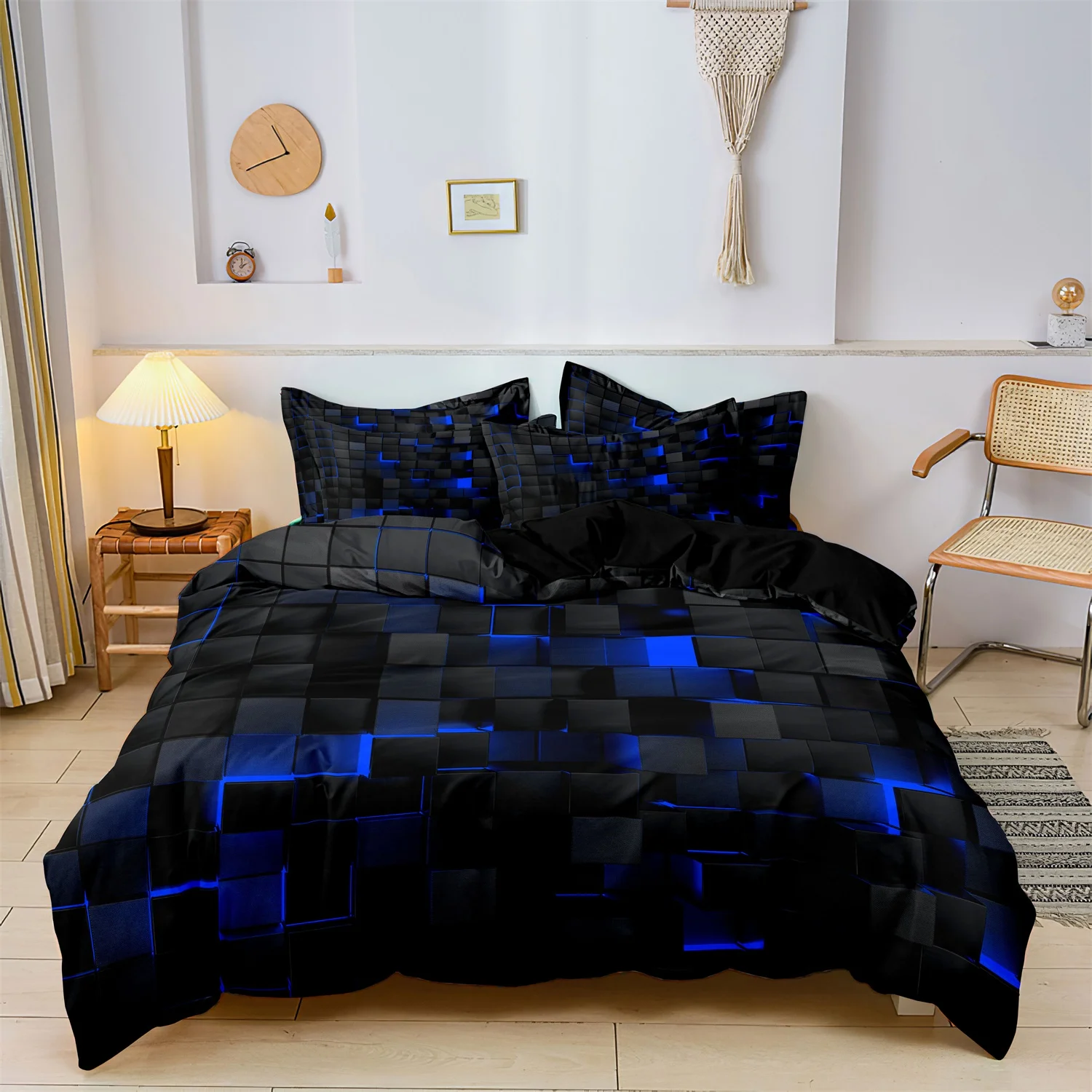Black Square Geometric Duvet Cover Set 3D Square Pattern Comforter Cover Kids Teenagers Boys Bedroom Decor Blue Creative Bedding