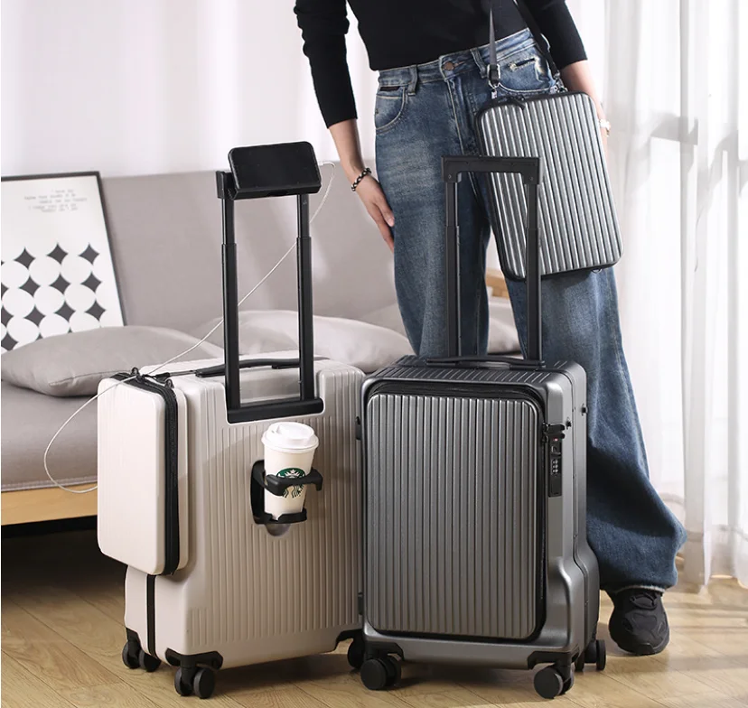 

Aluminum Frame PC Suitcase Front Open Side Open Pocket Luggage with Phone Holder and USB Charging Port Carry on Luggage