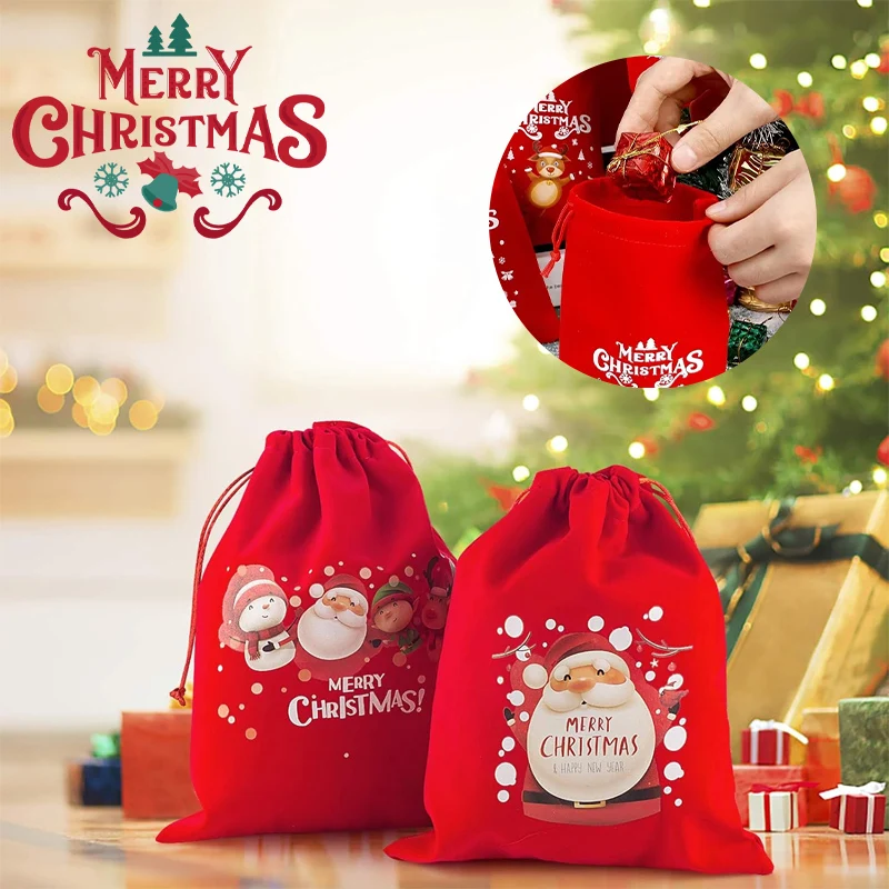 

Christmas Gift Bags of Flannel Small Bag with Drawstring Medium Size Good for Xmas Party Favors Jewelry Packaging Storage Bags