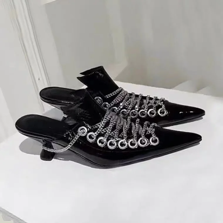 

Pointed Toe Metal Chain Women's Slippers 2025 Summer New Sexy Black Slip-On Fashion Slides Outdoor Casual Travel Thin High Heels