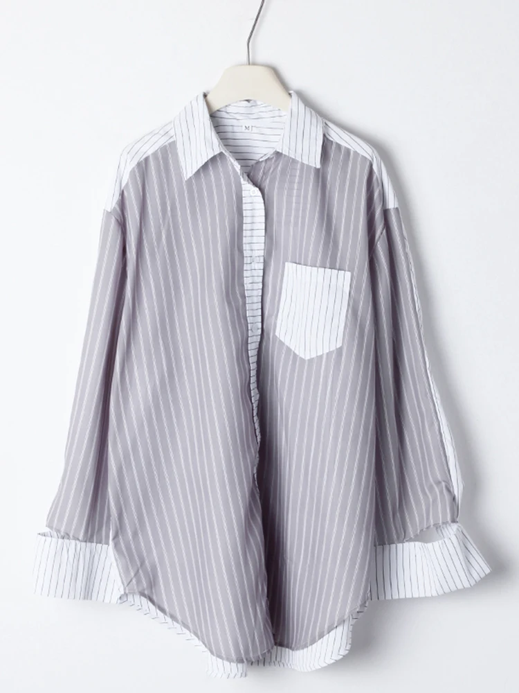 YERMORA Color-block Striped Pocket Casual Blouse For Women Lapel Long Sleeve Loose New Shirt Fashion Tide Spring Autumn 2025