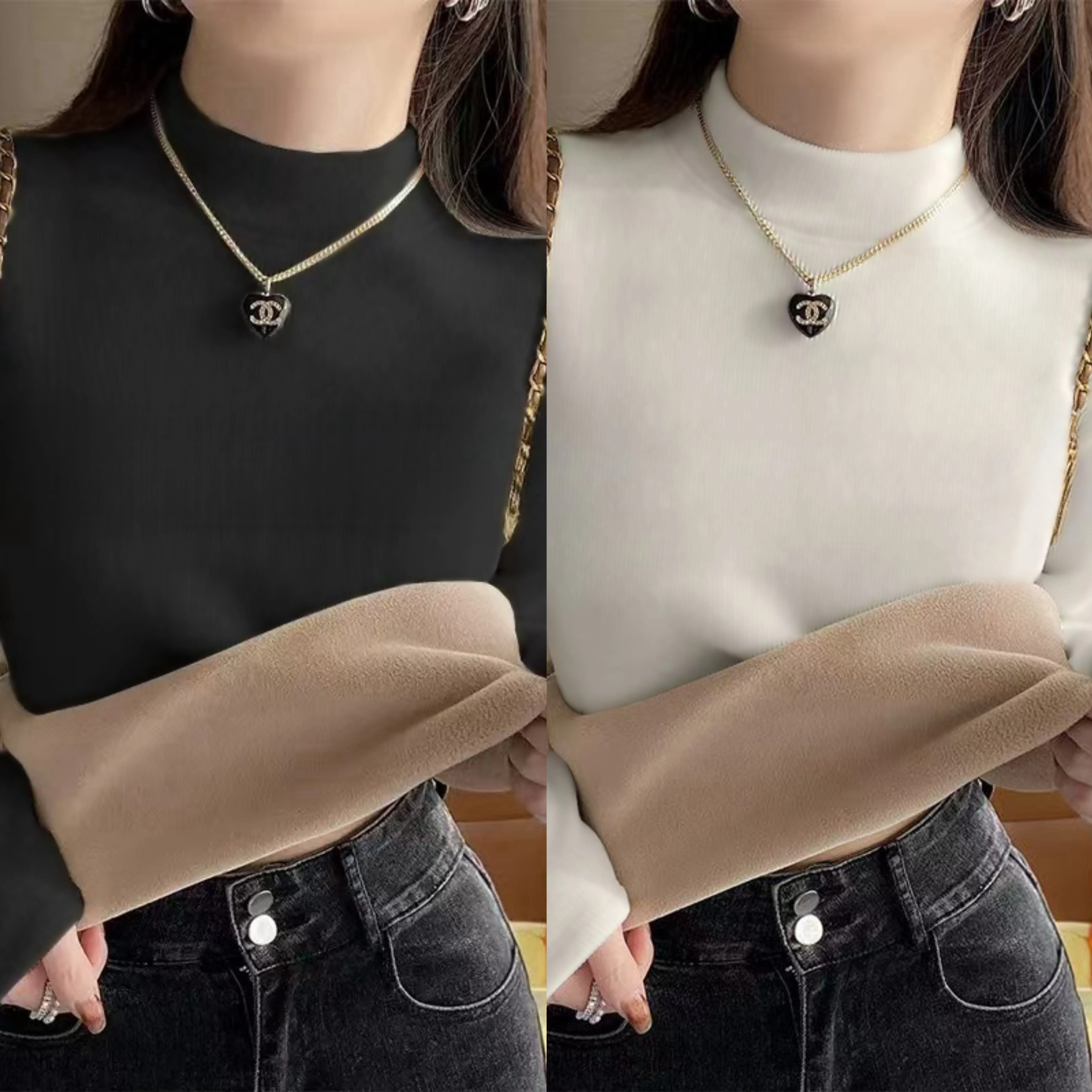 

Thickened Fleece Women's Long Sleeve Thermal Shirt Half High Collar Winter Warm Heating Velvet Base Layer Top Large Size