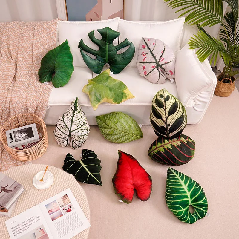 Green Leaf Plush Pillow Simulated Soft Plant Stuffed Cushion Monstera Maple Plushie Peluche Sofa Chair Bed Decor Gift