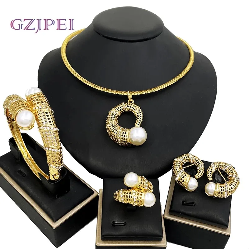 

Italy Gold Color Women Jewelry Set White Imitation Pearls Jewelry Nigeria Classic Necklace Pendant Earring Bracelets Ring