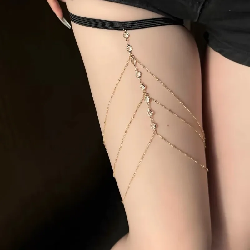 Summer Sexy Y2K Punk Elastic Garters Thigh Chain for Women Multi Layer Metal Glitter Rhinestone Leg Rings Festival Party Gifts