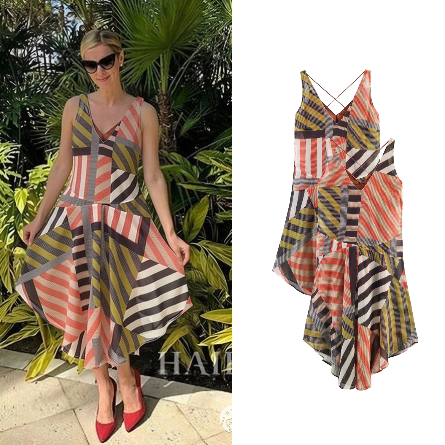 Women Geometric Stripes Print Slip Dress Summer New Female V-Neck Sleeveless Dress Ruched A-Line Midi Long Asymmetry Dresses