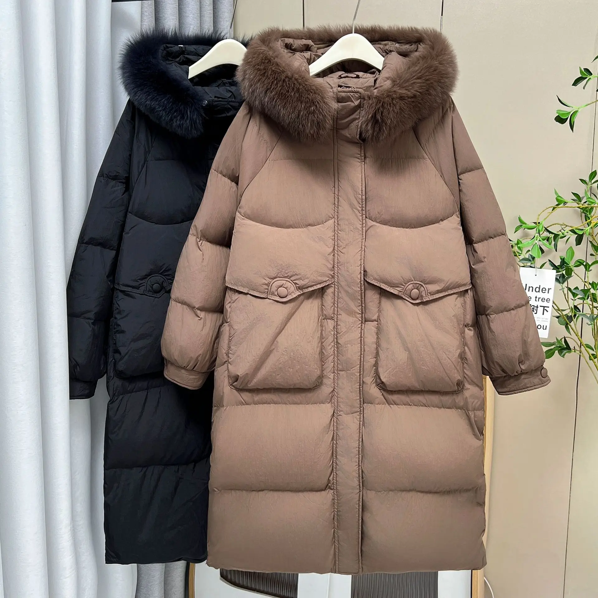 Plus Size Women Winter Down Coat Loose Thickened True Fox Fur Big Collar 50% White Down Duck x-long Warm Jacket 2781