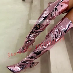 Pink Metallic Leather Wing Boots Women Spring Shiny Pointy Toe Thigh High Heel Shoes Ladies Sexy Luxury Trends Patent Long Boots