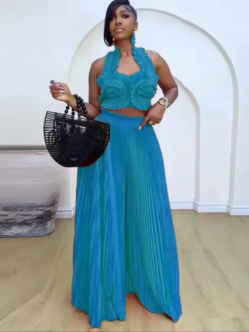 

Streetwear Women's Set Sleeveless Halter Crop Pleated Top+Wide Leg Pants Elegant 2025 Fall Party Two 2-Piece Set Outfits