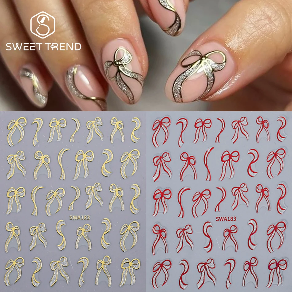 2 stücke Bowknot Nail art Aufkleber Unregelmäßige Band Bogen Linie Französisch Design Klebstoff Nagel Aufkleber DIY Elegante Sliders Maniküre Dekor