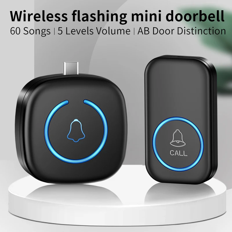 CACAZI Intelligent Type-C Wireless Doorbell Waterproof Smart Home Door Bell Kit LED Flashing Security Alarm Welcome 60 Melodies