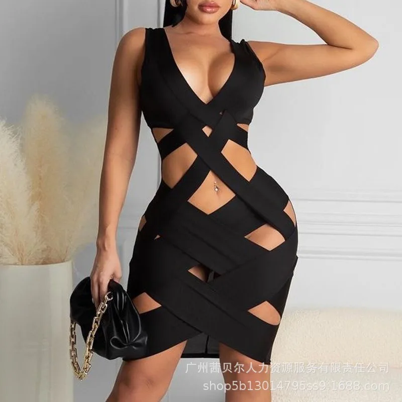 Sem mangas vestido apertado oco para fora bainha mini y2k preto sexy bodycon vestido feminino verão rendas design clube vestido de festa
