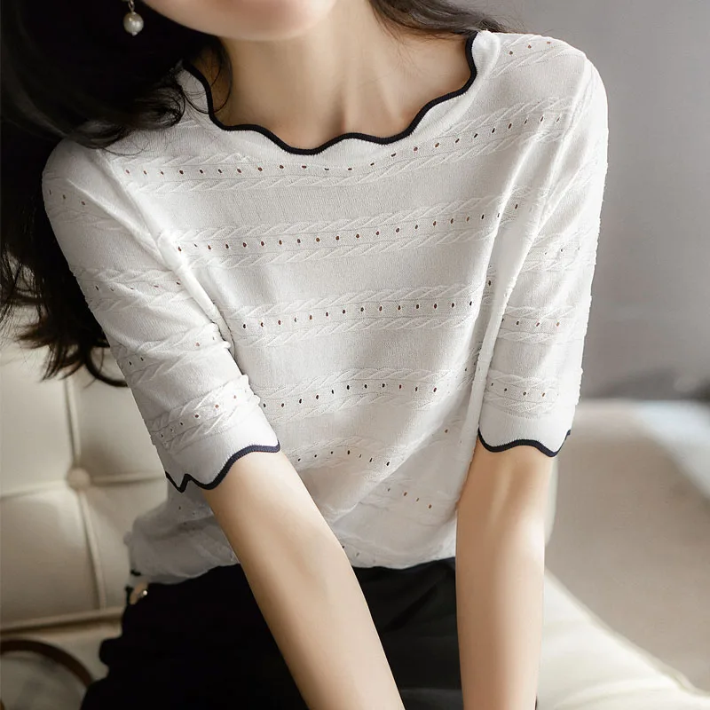 니트 스웨터 여성 풀오버 니트웨어 패션 O넥 홀로우 아웃 니트 스웨터 풀오버 여성 탑 반팔 스웨터 Q2711
