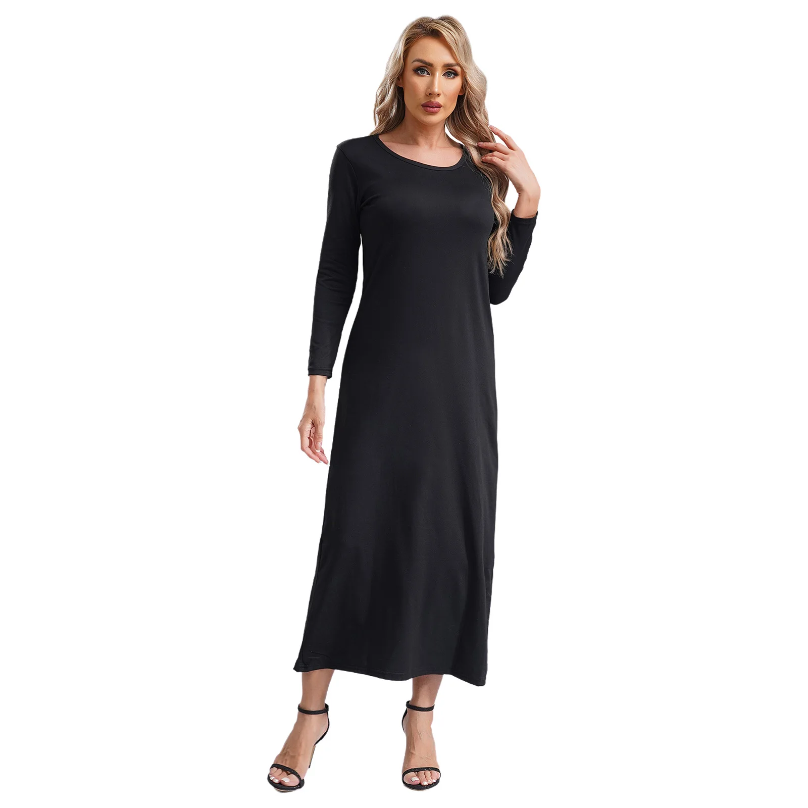 

Womens Islamic Arabian Dress Cotton Solid Color Round Neck Long Sleeve Muslim Prayer Long Robes Loose Basic Dress Casual Costume