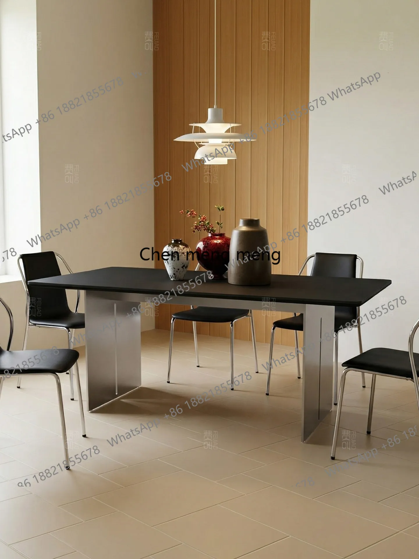 

New Bauhaus stainless steel Delifeng pure black rock slab dining table household rectangle