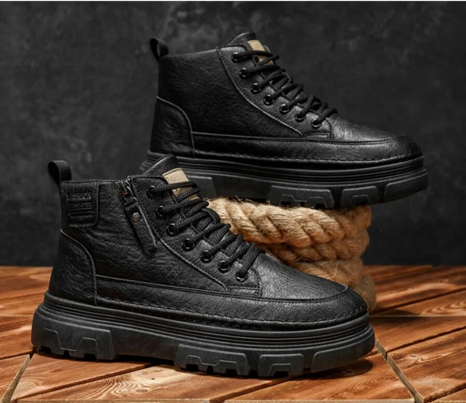 

Men Boots Autumn Leather Mid-top Sports Shoes New Fashion Ankle Boots Casual Outdoor Hiking Boots Shoes Male Sneakers