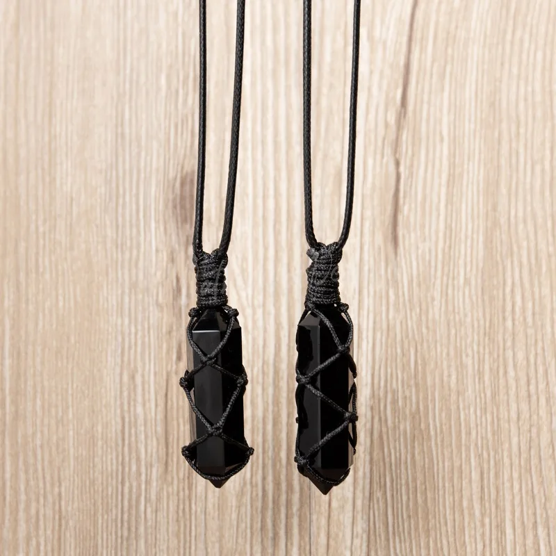 Natural Black Obsidian Pendant Necklace Handmade Woven Rope Hexagon Point Wrapped Necklaces Couple Jewelry For Mens Gift