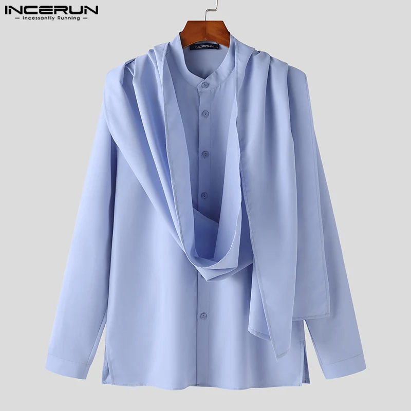 INCERUN Tops 2024 Handsome New Mens Solid Color Irregular Design Shirt Leisure Simple Male Comfortable Long Sleeved Blouse S-5XL