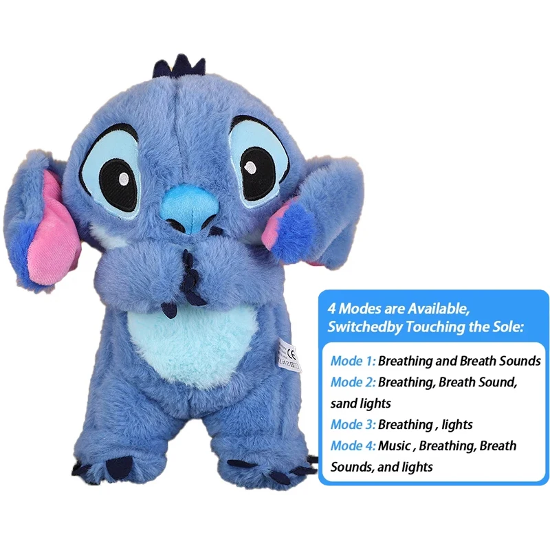 Boneca de Pelúcia Kawaii Stitch para Bebê, Acompanhante para Dormir, Musical Som Calmante com Air Bag e Luz, Brinquedos Respiratórios Presentes