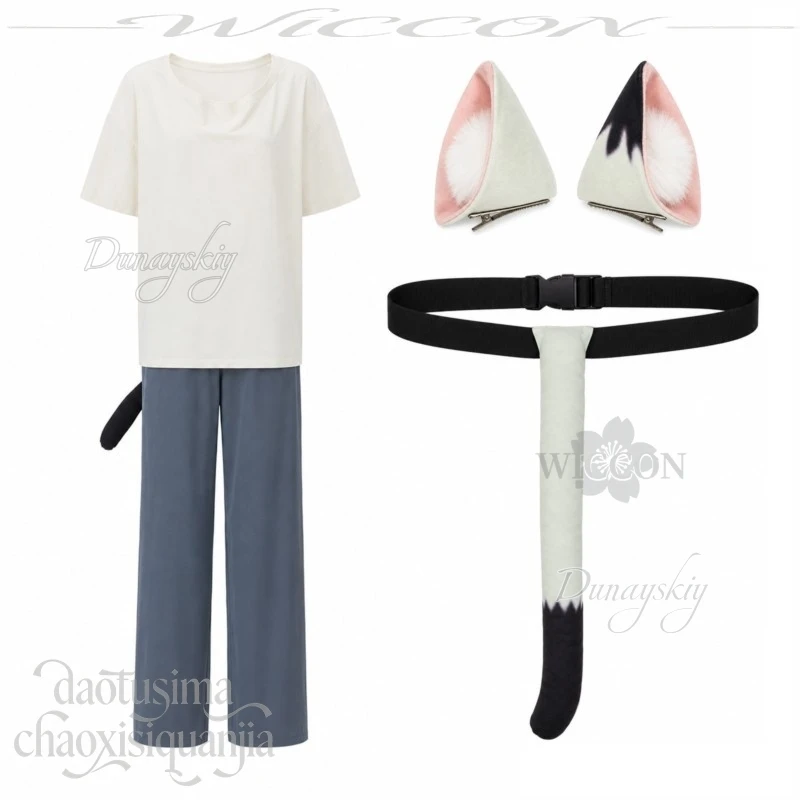 Mint Wigs Yanineko Chainsmoker Cat Cosplay Costume Tshirt Pants Furry Cat Anime Earwear Headband Tail Full Set Halloween Party - view 6