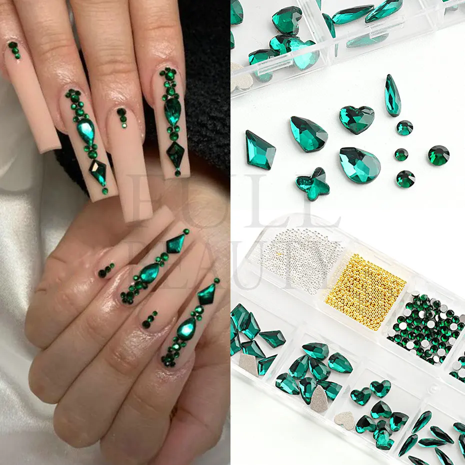 Peacock Green Nail Rhinestone 3D Gems Royal Blue AB/Colorful Flatback Diamond Stone Strass Gold Bead Luxurious Decoration #12GPZ