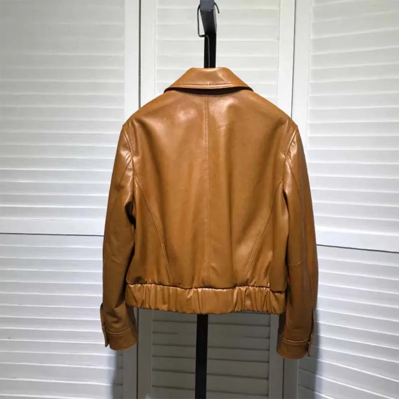 เสื้อโค้ทคุณภาพสูง ฤดูใบไม้ผลิ ฤดูใบไม้ร่วง หนังแกะแท้ธรรมชาติ แฟชั่นใหม่ปี 2025 เสื้อผ้าผู้หญิง ปกพับ แขนสั้น ความยาวสั้น