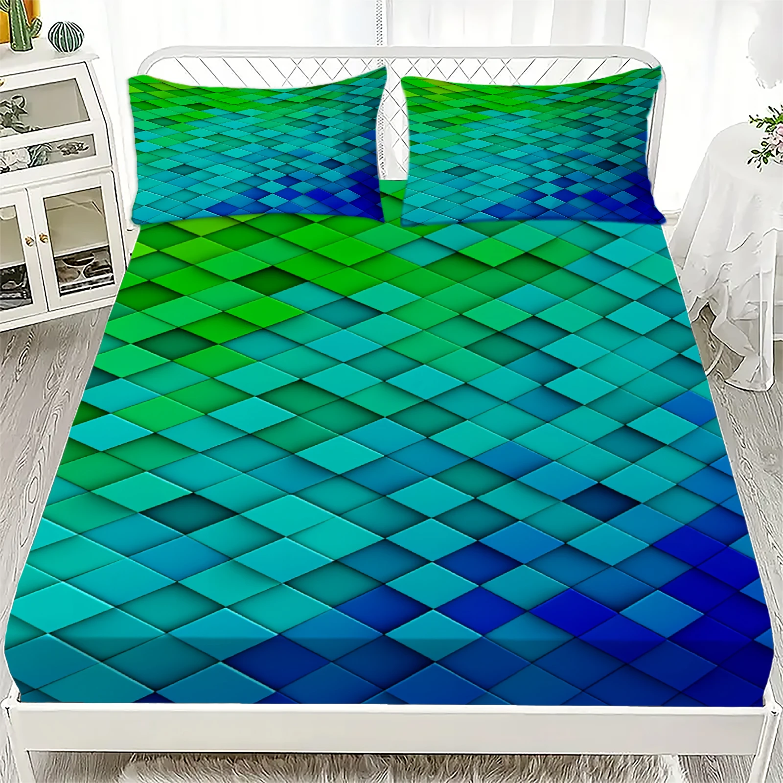 Green Blue Gradient Rhombus Fitted Sheet Set 3D Stereoscopic Geometric Bedding Set Soft Breathable For Bedroom Decor