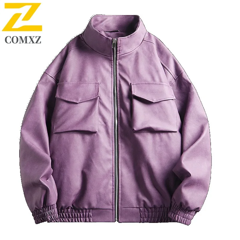 

COMXZ Мужская кожаная куртка с воротником-стойкой, мотоциклетная кожаная куртка для кемпинга, однотонная легкая осенняя ветровка для путешествий
