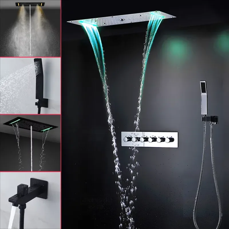 2026 RGB LED Shower Head Rainfall Waterfall Mist Spray Column Bath Set Thermostatic Shower Mixer Faucet