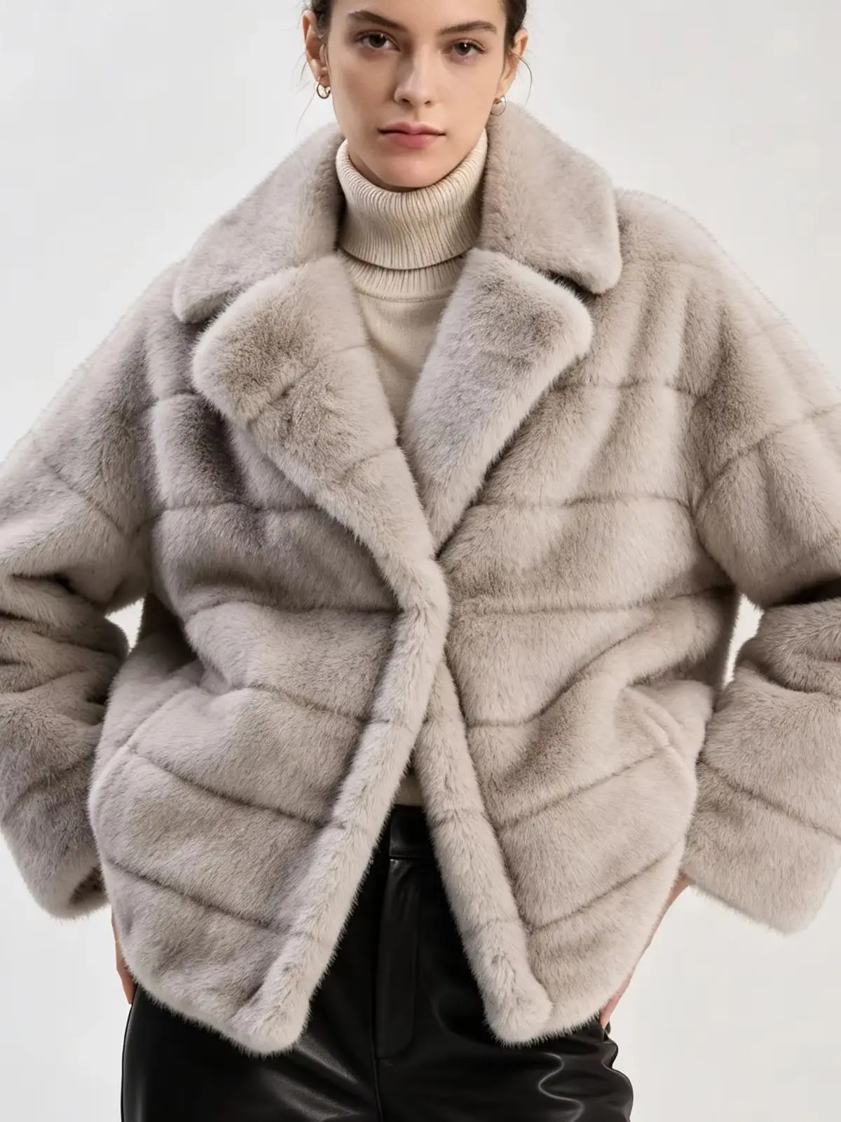 RU Women Lapel Faux Mink Fur Jacket Long Sleeve Loose Short Plush Outerwear